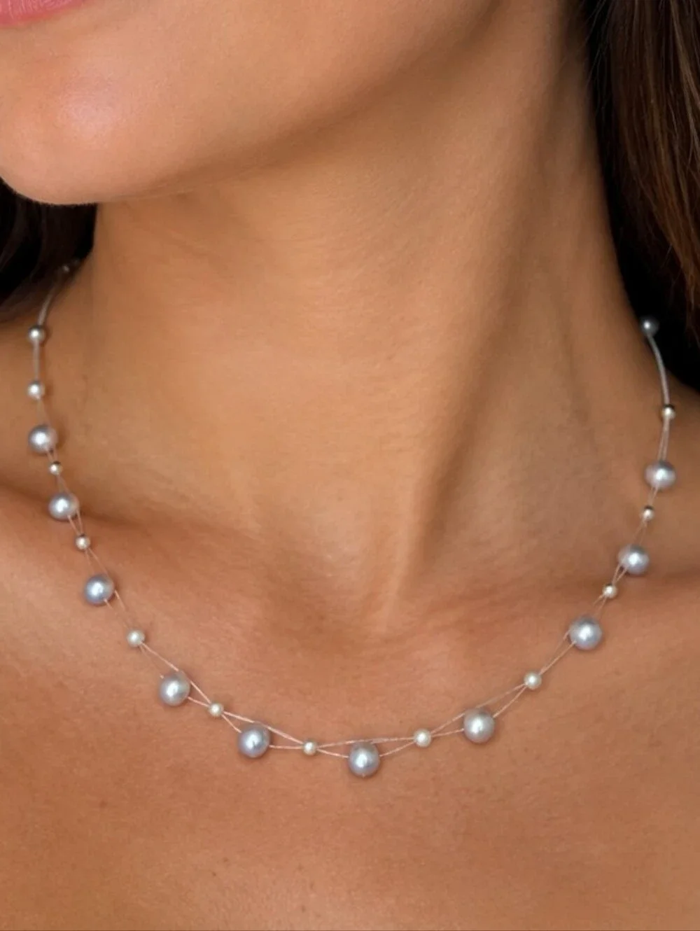 Necklace Illusion Wire Floating Station Silver Gray Faux Pearl Cocktail Jewelry